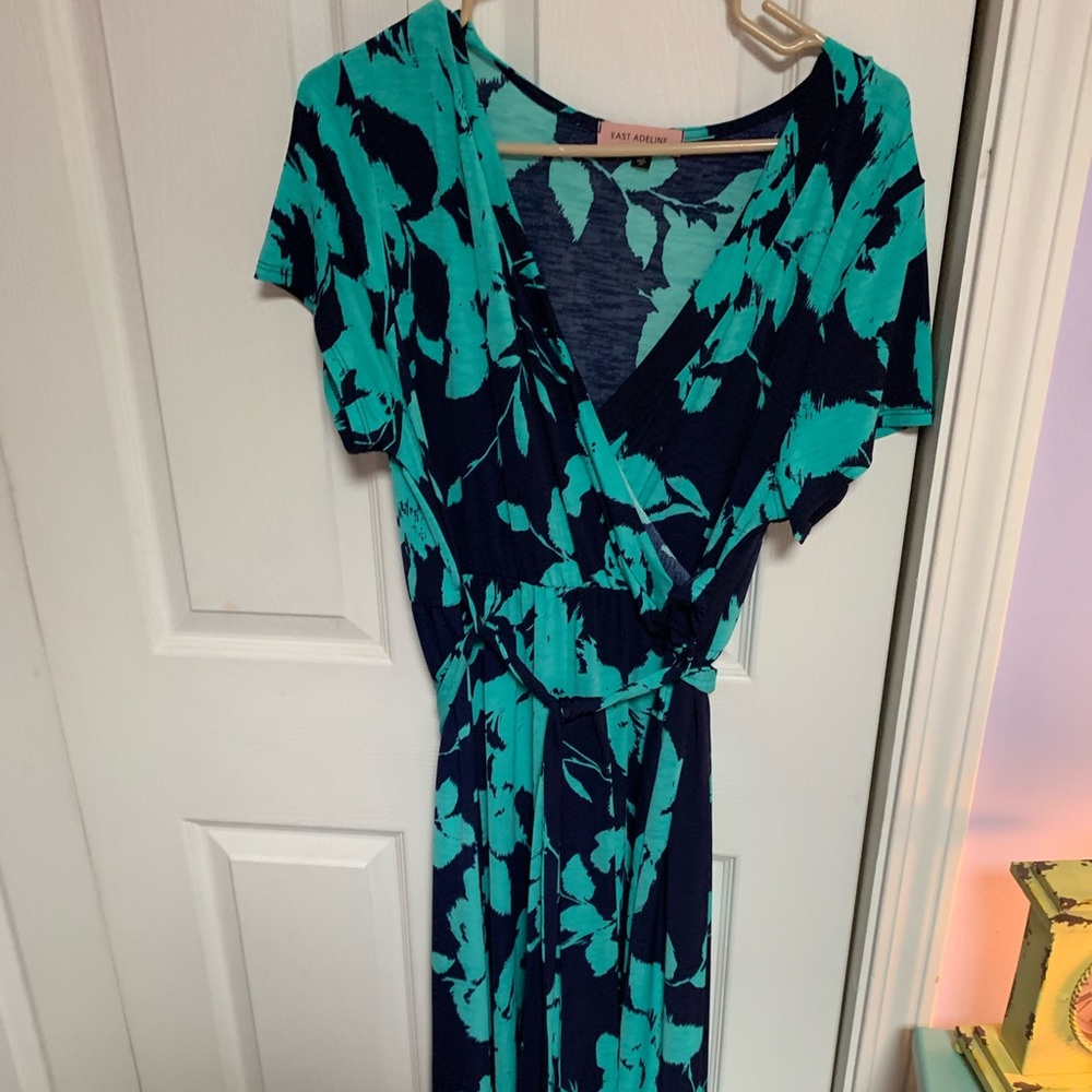 Navy and teal floral printed faux wrap maxi